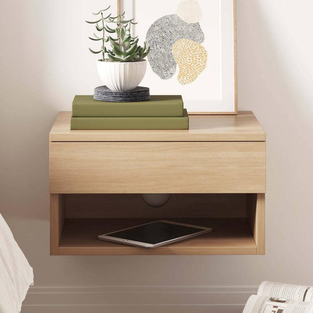 Light Oak Floating Wall-Mount Nightstand with Drawer and Shelf