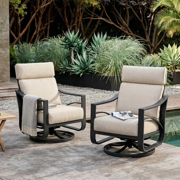 Black Aluminum Outdoor Swivel Rocking Sofa Chairs with Zippered Beige Cushions (2-Pack)