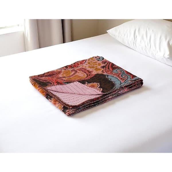 Brown, Pink Floral Cotton Throw Blanket