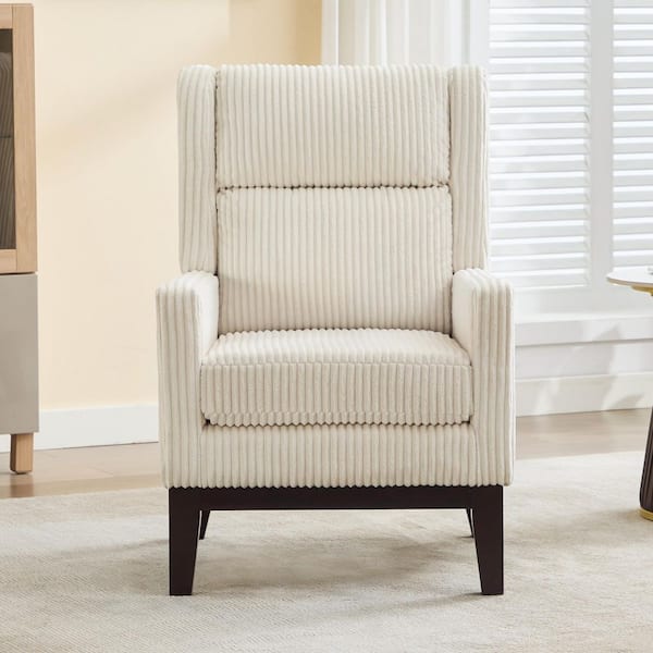 JEAREY Modern Beige Corduroy Upholstered Arm Chair High-Back Accent Chair with Solid Wood Frame