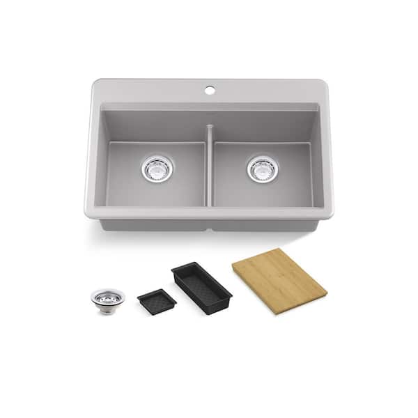 Lassen 33 in. Drop-in Double Bowl Granite Composite Kitchen Workstation Sink in Matte Grey with Accessories