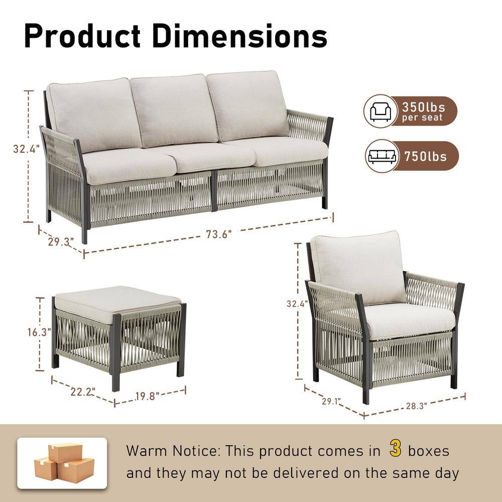 Beige 5-Piece Outdoor Wicker Patio Conversation Set with Cushions