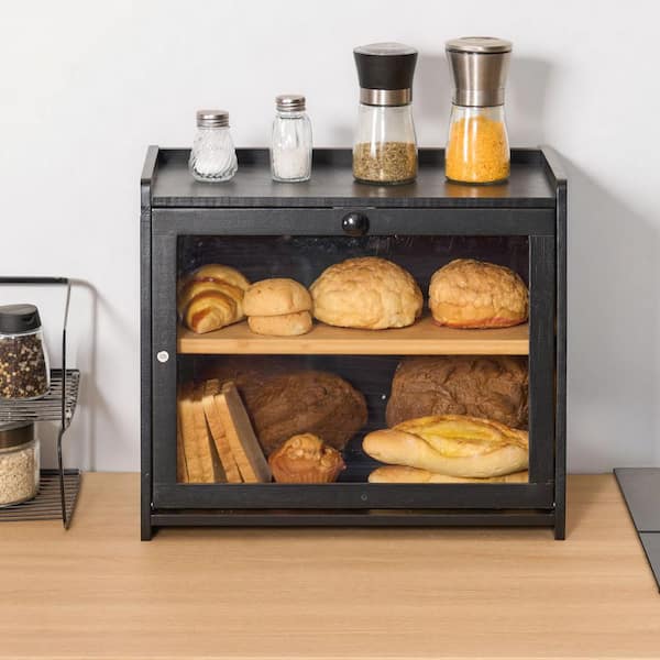 Double Layer Bamboo Bread Box, Large Farmhouse Bread Storage Bin w/ Acrylic Door for Kitchen Counter, Black