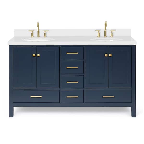 Cambridge 60 in. W x 22 in. D x 36 in. H Vanity in Midnight Blue with Pure White Quartz Top