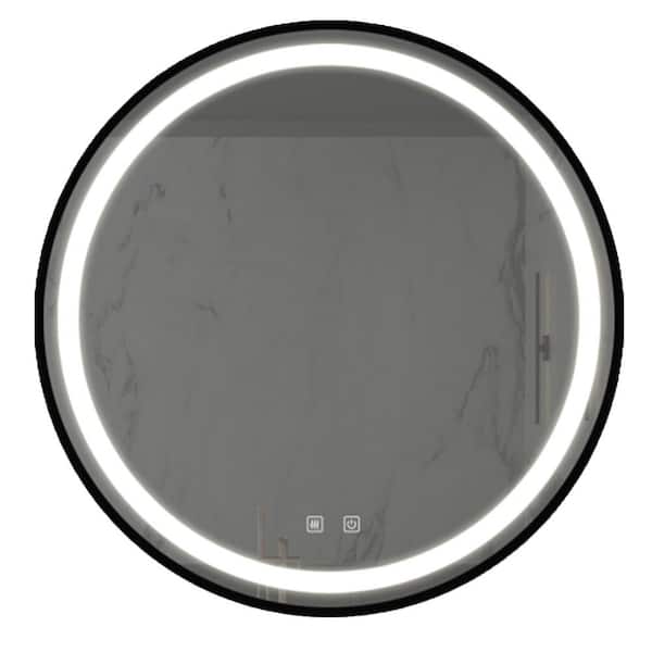 32 in. W x 32 in. H Round Framed Wall Bathroom Vanity Mirror in Black and Silver