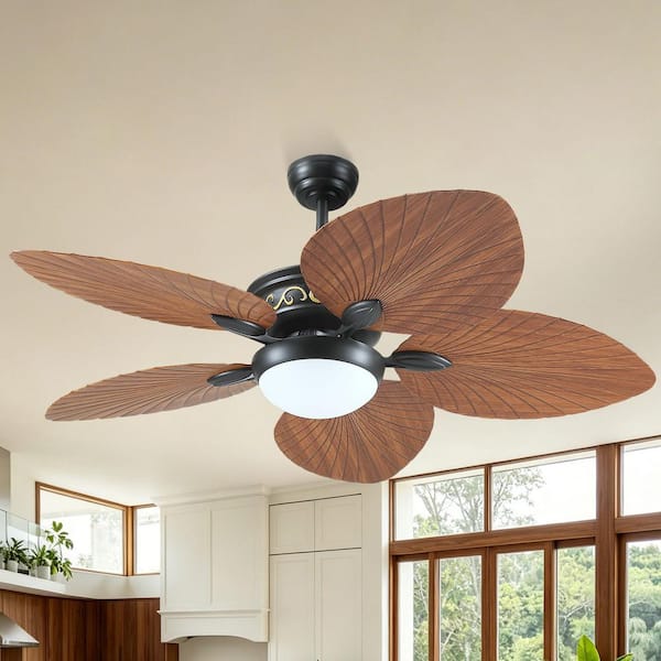 52 in. Indoor/Outdoor Black 5 ABS Tropical Palm Leaf Blades Downrod Ceiling Fan with LED Light and Remote Included