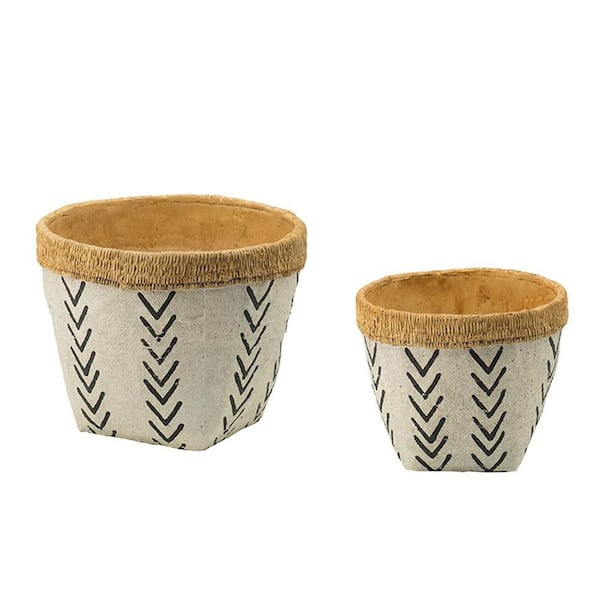 Morton 6.7 in. and 7.9 in. Tall Brown+White Round Concrete Patio Outdoor Planter Set with V Pattern (2-Pack)