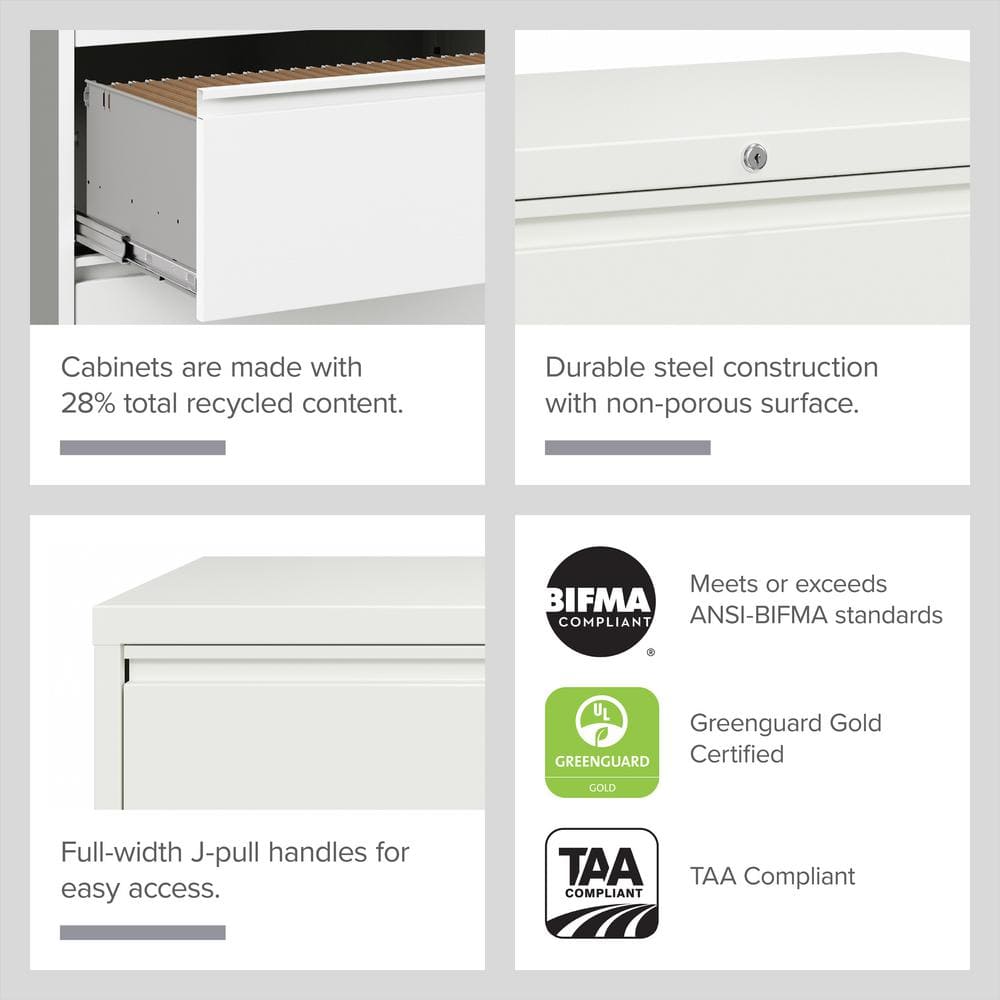 White Steel 36" 3-Drawer Lockable Lateral Filing Cabinet