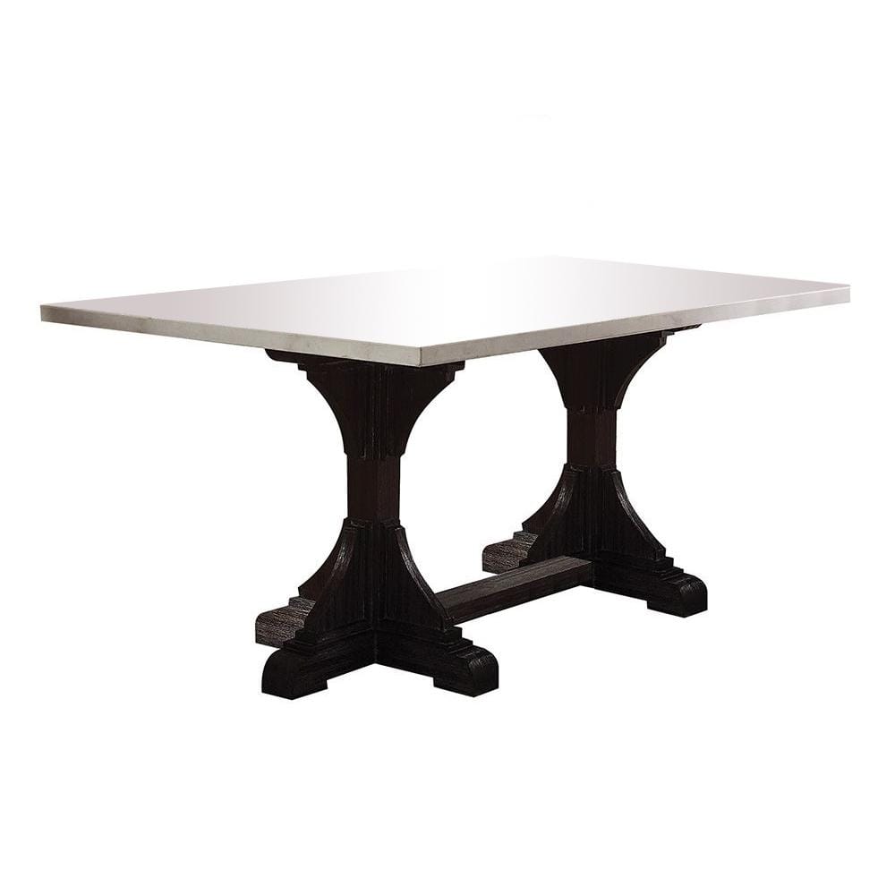 Transitional Reclaimed Wood & White Marble Dining Table, Weathered Espresso