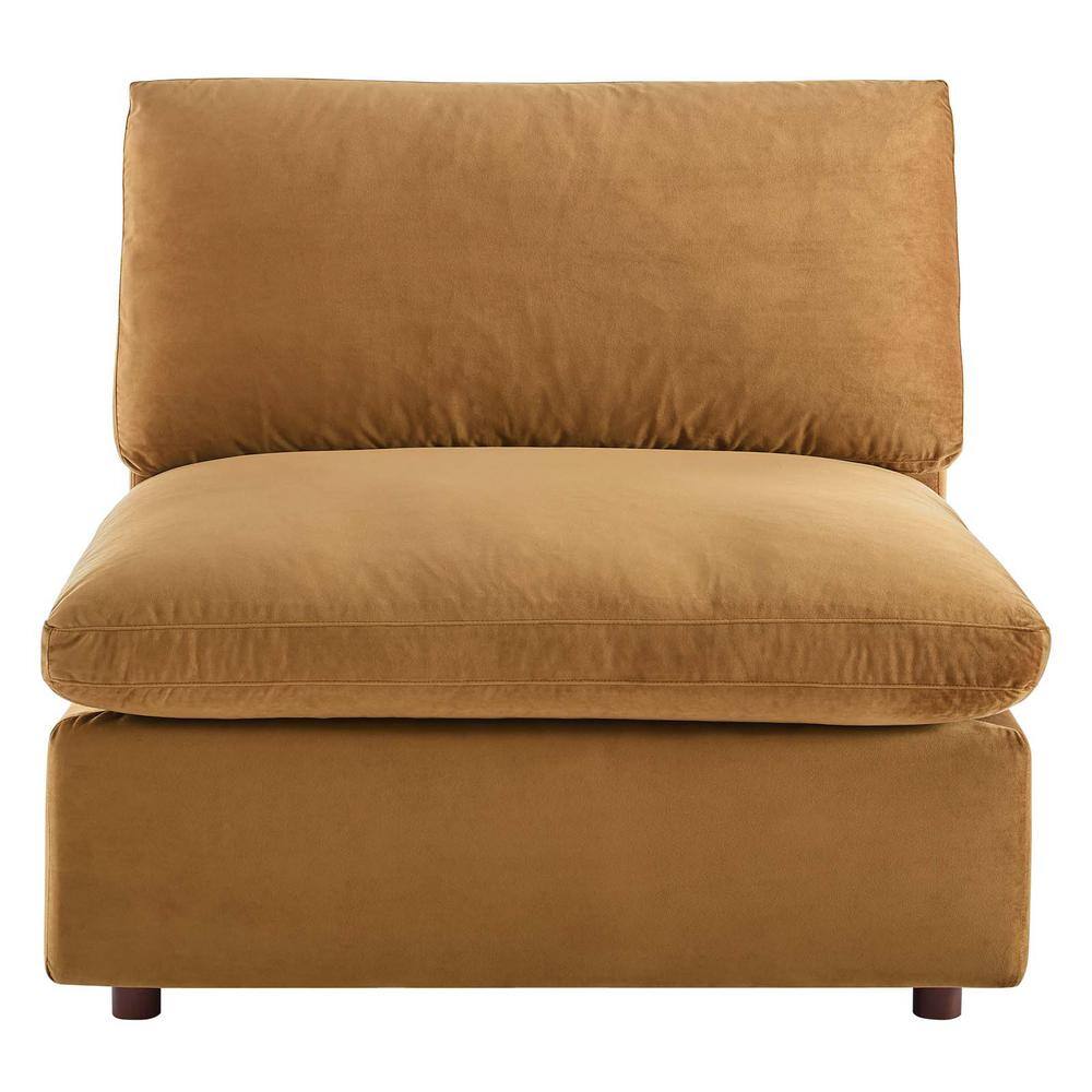 Cognac Velvet Armless Chair with Wood Frame