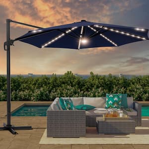 11 ft. Round Aluminum Frame Outdoor Cantilever LED Umbrella Patio Umbrella 360° Rotation System in Navy Blue