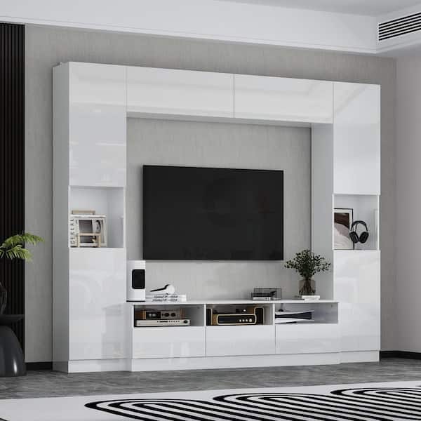 FUFU&GAGA - White Wooden TV Stand, Entertainment Center, TV Console Fits TV's Up to 70 in. with 15-Shelves, 3-Drawers and 5-Doors