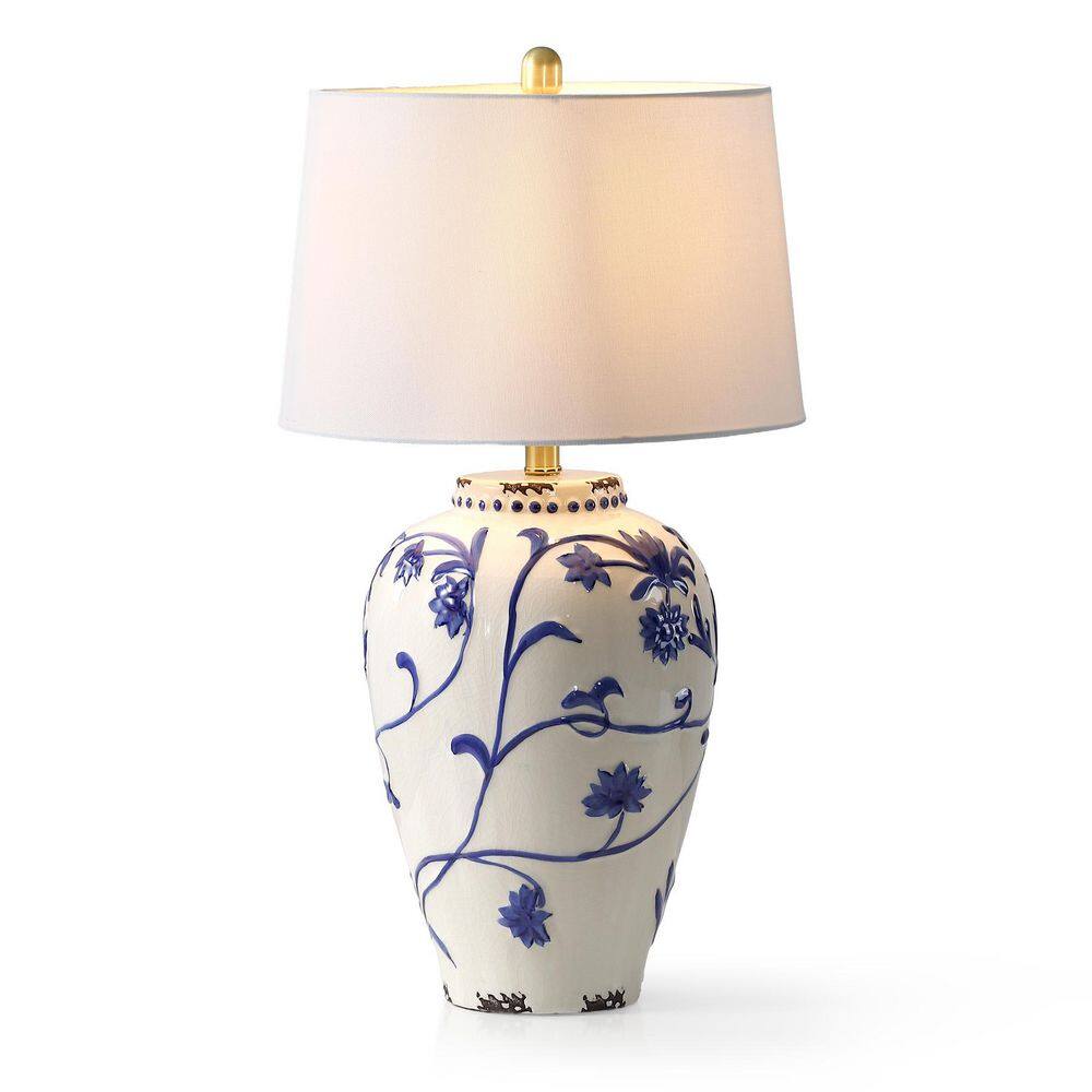 27 in. Classic Blue and White Chinoiserie Porcelain Table Lamp Embossed Floral with Fabric Shade for Living Room Bedroom price history on PriceWatchPro