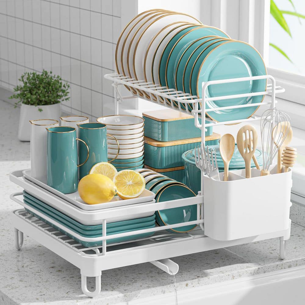 Numhew White 2-Tier 3-in-1 Dish Rack for Kitchen Counter Drain Rack ...