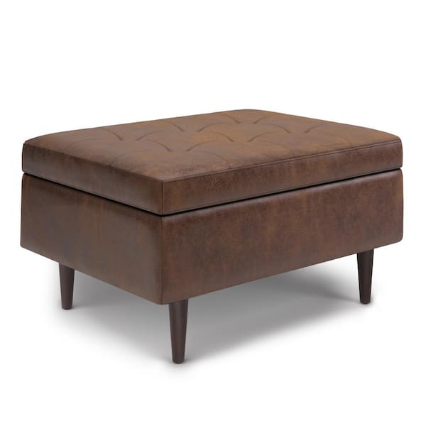 Simpli Home Shay Distressed Chestnut Brown Mid Century Small Square Coffee Table Storage Ottoman
