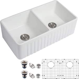 Rectangular 33 in. Farmhouse Apron-Front Double Bowl Center White Ceramic Workstation Kitchen Sink Bottom Grid