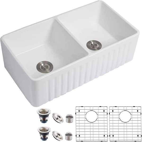 Tileon Rectangular 33 in. Farmhouse Apron-Front Double Bowl Center White Ceramic Workstation Kitchen Sink Bottom Grid