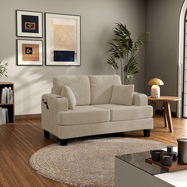 Furniture of America Kasin 60 in. Beige Solid Chenille Rectangle 2-Seater Small Space Loveseat With Cup Holders