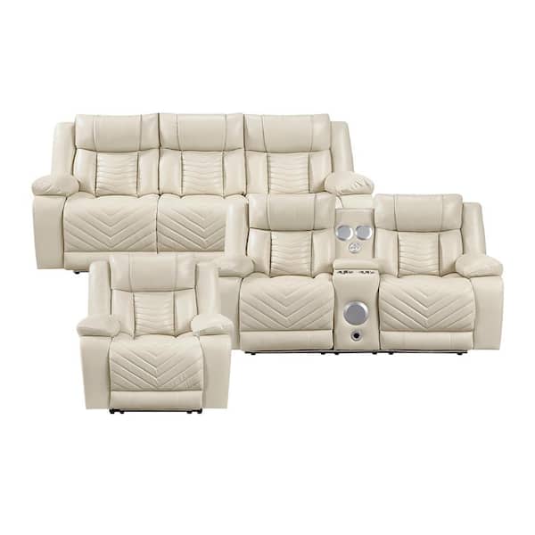Durant 87 in. W Pillow Top Arm Faux Leather Rectangle 3-Piece Power Double Reclining Sofa Set in Beige