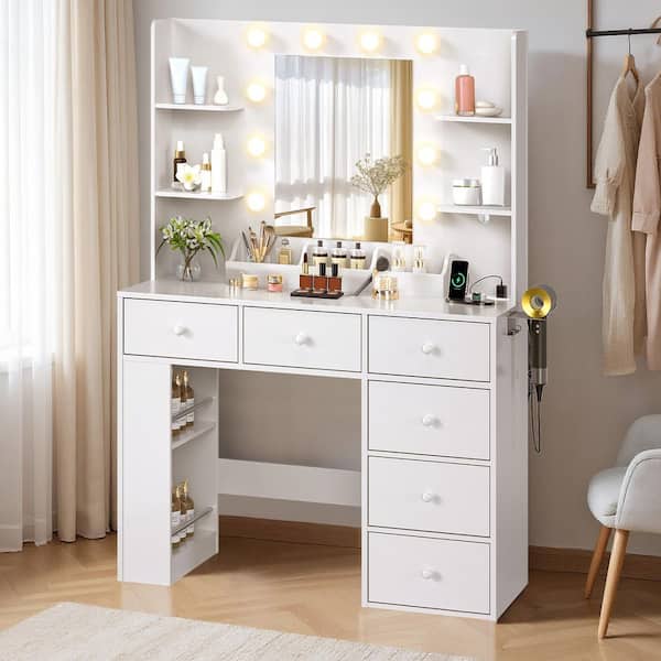1-piece White Particle Board Makeup Vanity Table with Dimmable Light Bulbs 6-Drawer 3-Compartment Left-Right 2-Tier Rack