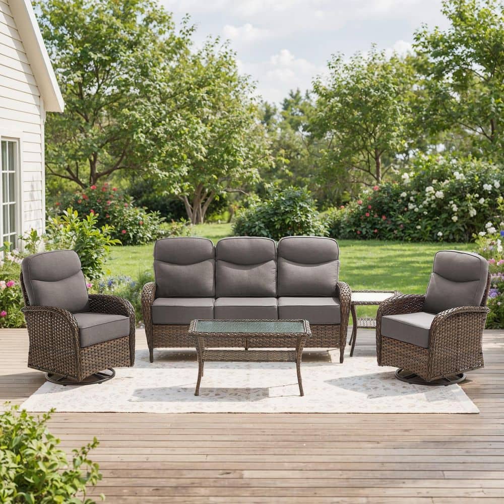 Moonridge 5-Piece Brown Wicker Patio Conversation Set with 6 in. Olefin Gray Cushions/Patio Swivel Chair with Couch price history on PriceWatchPro