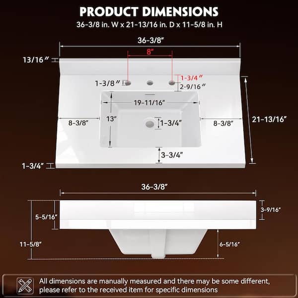 36 in. W x 22 in. D Solid Surface White Rectangular Single Sink Bathroom Vanity Top in Pure White for 8 in. Widespread