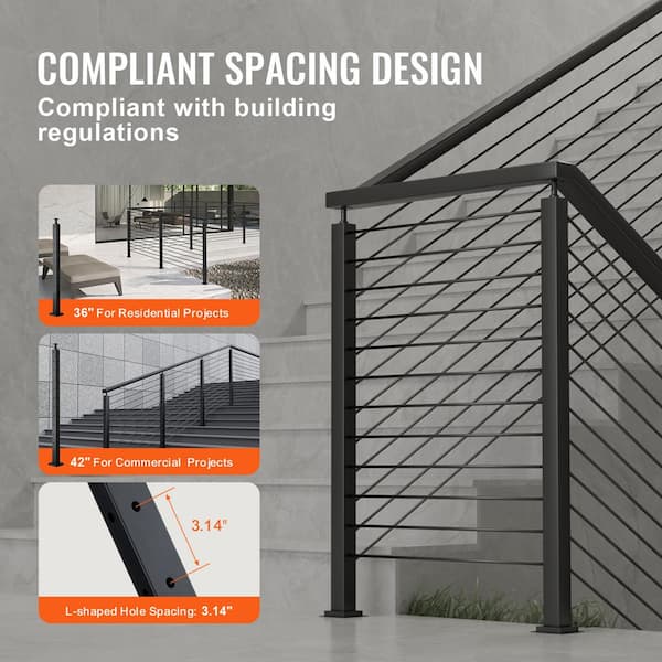 VEVOR Cable Railing Post, 42 x 1 x 2 in. Steel L-Shaped Hole Corner Railing Post, 12 Holes, Stair Railing Kit, SUS304, Black
