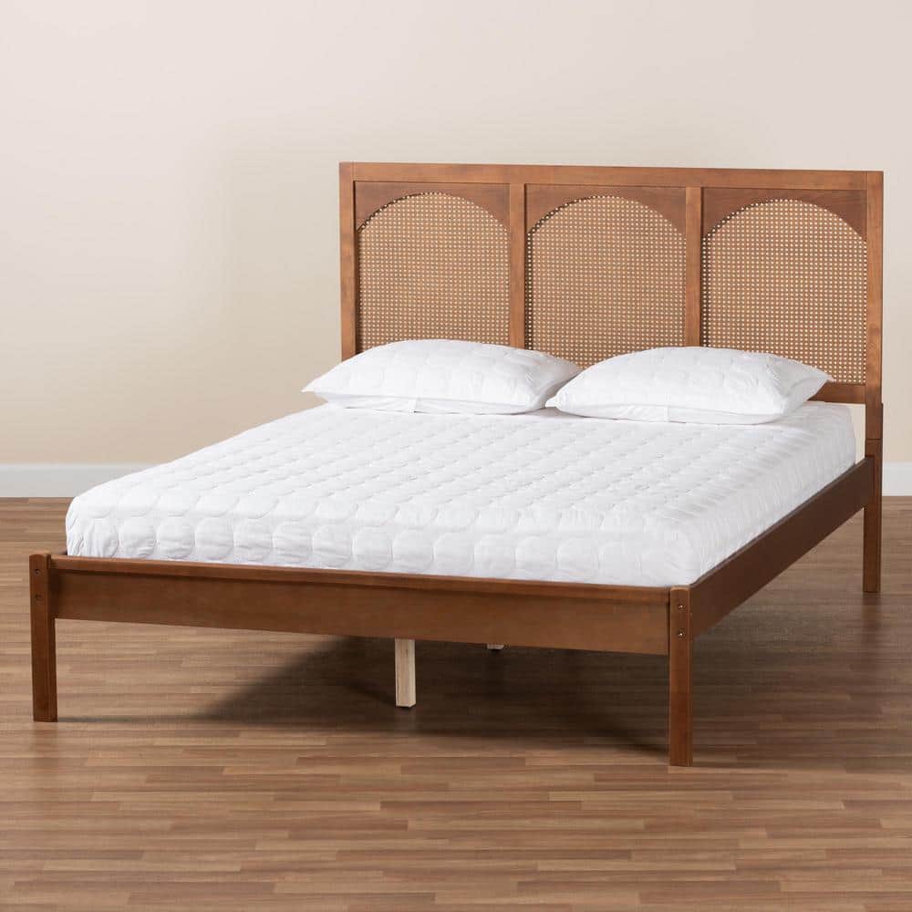 Queen Walnut Wood and Rattan Platform Bed with Headboard