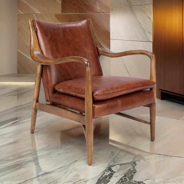 Benjara Brown Leather Arm Chair with Curved Arms