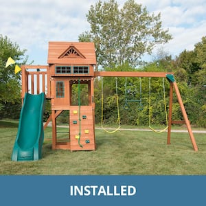 Professionally Installed Sky Tower Terrace Complete Wooden Playset with 5 ft. Terrace, Slide and Swing Set Accessories