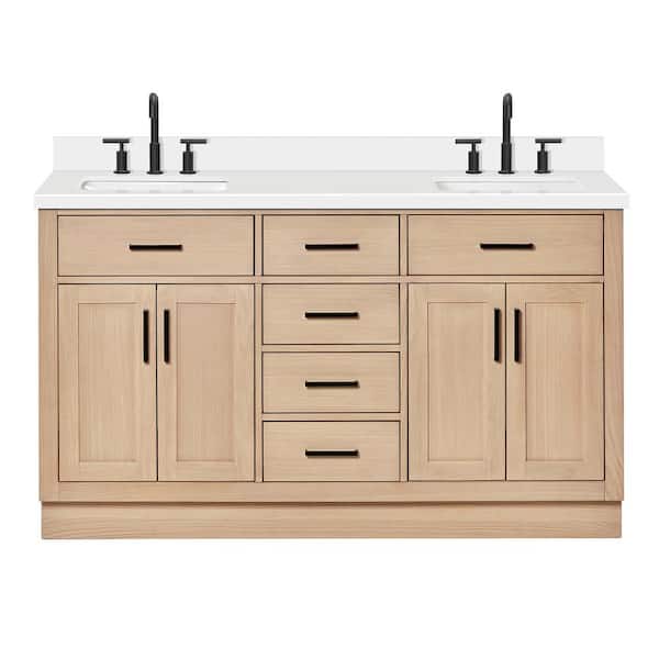Hepburn 60 in. Double Sink Freestanding Bathroom Vanity in Oak with Pure White Quartz Top