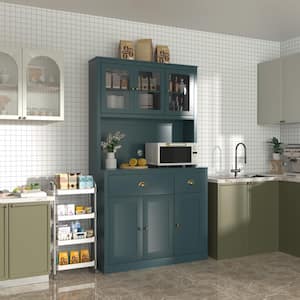 Teal Blue Kitchen Pantry Cabinet Storage with Adjustable Shelves, Buffet Cupboard and Microwave Stand