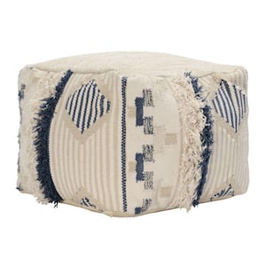 Cream and Blue Fabric Pouf Ottoman with Woven Design and Fringe Details