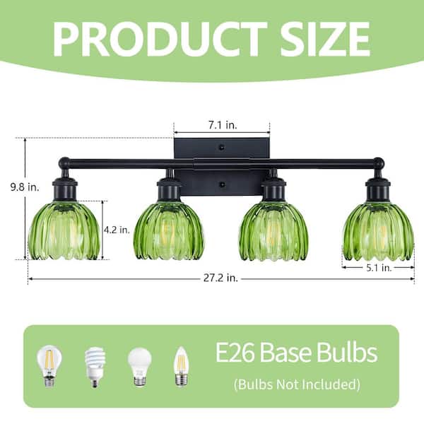 27.2 in. 4-Light Black Vanity Light Wall Light Over Mirror with Green Tulip Glass Shade