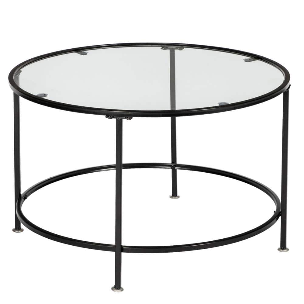 26" Round Tempered Glass Coffee Table with Black Metal Frame