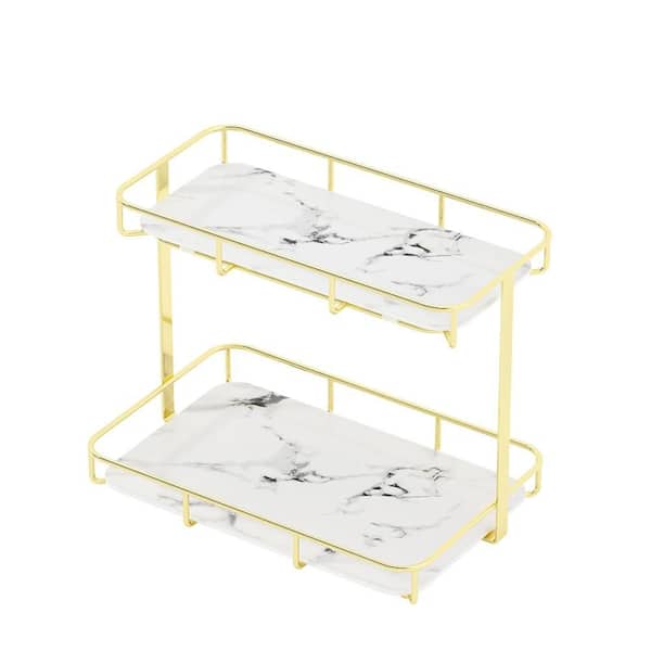 2-Layer Vanity Tray, Bathroom Counter Organizer, Perfume Organizer, Stainless Steel Shelf with White Marble Tray, Gold