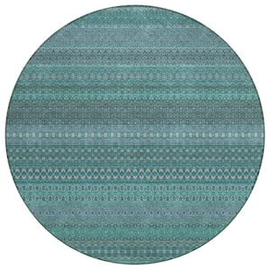 Chantille ACN527 Turquoise 8 ft. x 8 ft. Round Machine Washable Indoor/Outdoor Geometric Area Rug