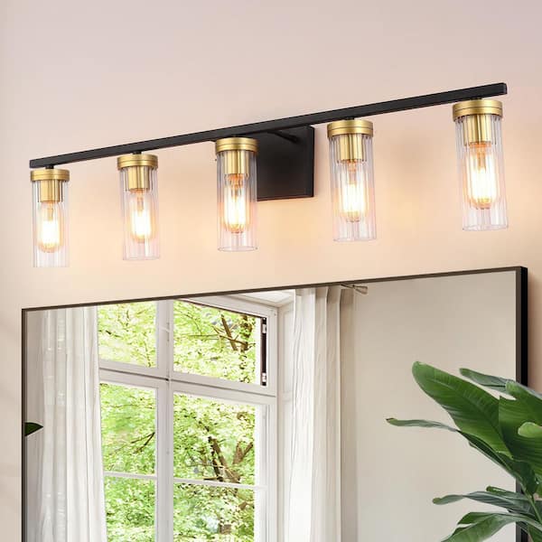 JUSHENG 33 in. 5-Light Black and Brass Bathroom Vanity Light with Clear Glass Shades for Bathroom