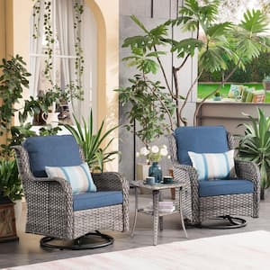 Moonlight Gray 3-Piece Wicker Patio Conversation Seating Sofa Set with Denim Blue Cushions and Swivel Rocking Chairs