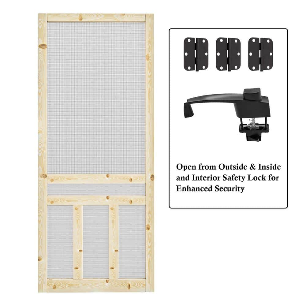 36 in. x 80 in. Universal Unfinished Pine Wood Vertical Slat Screen Door with Lock Classic 3 Bar Style Gauze Mesh Hinged