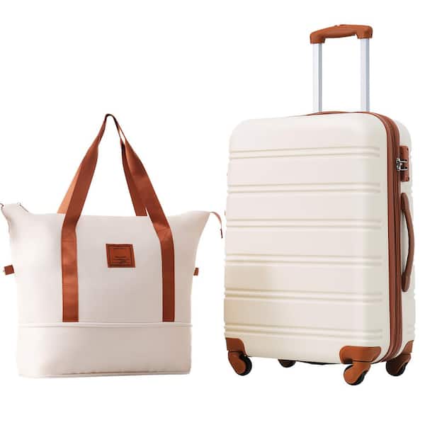 Merax 2-Piece White and Brown ABS Hardshell 24 in. Spinner Luggage Set with Travel Bag, TSA Lock, 3-Step Telescoping Handle