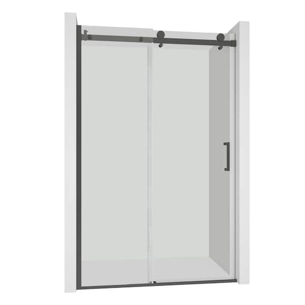 VANITYFUS 48 in. W x 76 in. H Single Sliding Frameless Shower Door in Matte Black with 3/8 in. (10 mm) Clear Glass