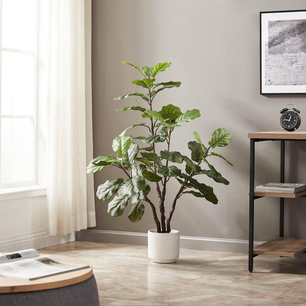 Favorite 45 in. White Artificial Fiddle Leaf Tree in Fiberglass Pot ...