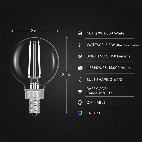 thumbnail image 2 of Guangyue Dimmable E26 Clear LED Edison Bulbs, G16.5 4W Equivalent 40 Watt Edison Bulbs, 760LM 2700K Soft White, Small Round Decorative Light Bulb For Pendant,Chandeliers,Vanity, 6 Pack 2 of 12