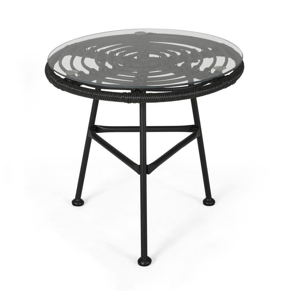 Gray and Black Round Faux Rattan Outdoor Side Table with Tempered Glass Top