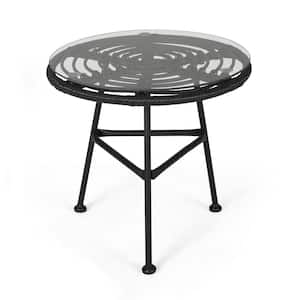 Modern Style Round Metal Outdoor Side Table with Stronger Tempered Glass Top and Handcrafted Polyethylene Rattan in Gray