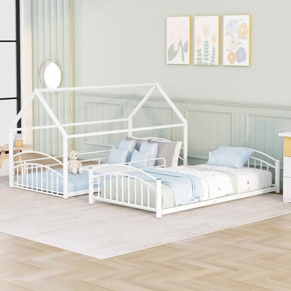 Polibi Twin over Twin Metal Bunk Bed with Slide, Kids House Bed White
