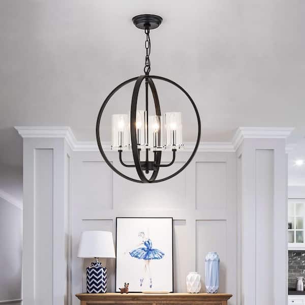 Maxax Springfield 4 -Light Shaded Globe Black Chandelier with Wrought Iron Accents