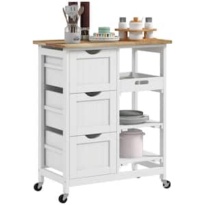 Compact Rolling White Wood Top 26.5 in. Kitchen Island Cart with Drawers and Open Shelves