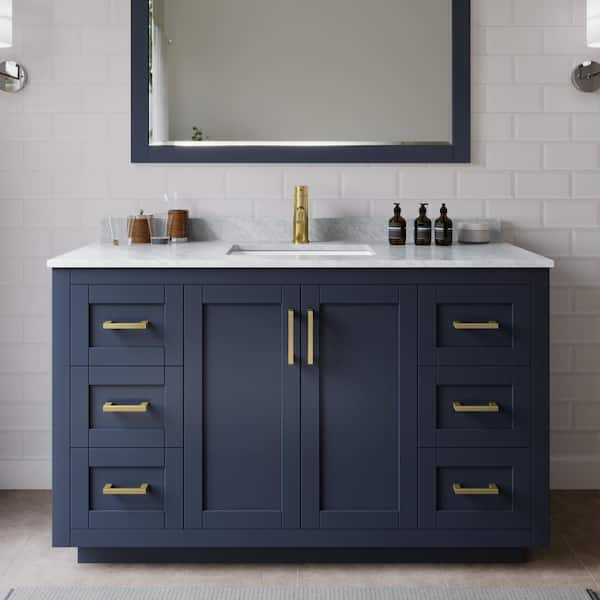 Wyndham Collection Miranda 54 in. W x 22 in. D x 33.75 in. H Single Sink Bath Vanity in Dark Blue with White Carrara Marble Top and Mirror